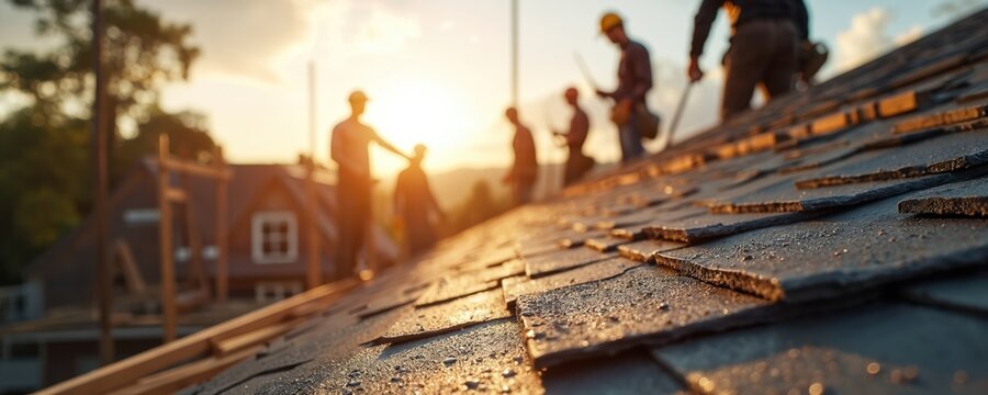 Construction workers install new roof shingles at sunset. Building materials and tools rest on wet roof surface. Team works on house exterior, completing home improvement project.