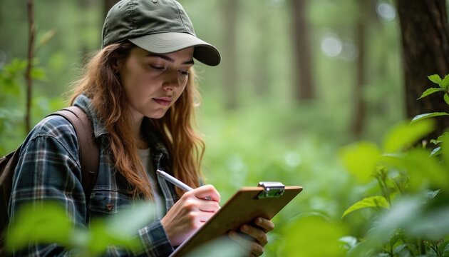 Woman wearing hat and backpack records info in forest. Researcher studies plant life, collects data with pen and clipboard. Young person works outdoors in green nature.