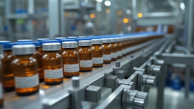 Pharmaceutical bottles moving on a conveyor belt in a factory.