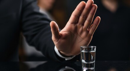 Professional person in dark attire shows hand stopping small beverage. Symbolizing sober living, wellness journey, self discipline for mindful health choice.