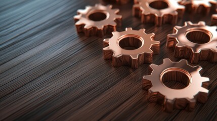 Interlocking polished rose gold gears arranged on a textured dark wooden surface demonstrating mechanical connection and industrial design
