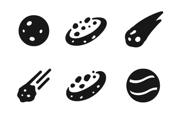 Celestial Bodies Icons. Solid style icons of celestial bodies in : dwarf planet, asteroid belt, comet nucleus, meteor fragment,
