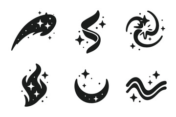 Magical Sound Icons. Solid style icons of magical sound effects in : glowing trail, prism ribbon, radiant swirl, ethereal filament