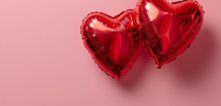 two heart-shaped red foil balloons on a pink background with copy space, a valentine's day celebration, flat lay, banner, top view, copy text area Generative AI