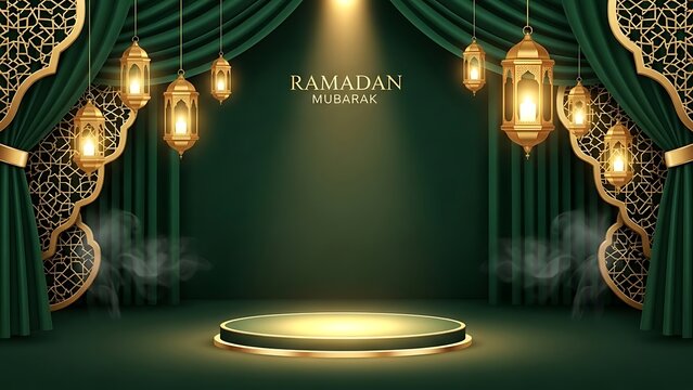Ramadan Kareem Islamic Festival Background with Podium and Lanterns.