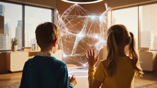 Children interacting with futuristic holographic display in modern room
