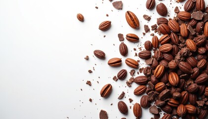 Obraz premium Brown cacao beans, dark chocolate pieces scattered across clean white surface. Nibs lie alone, others clumped with broken chocolate for textured food scene. Natural ingredient used for baking making