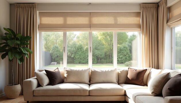 Neutral toned living room features a large sectional sofa and floor to ceiling windows with beige Roman blinds and draped curtains. Rich green garden visible outside.