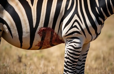 Fototapeta premium Injured zebra with deep wound on its side bleeds in dry grass. Mammal shows signs of suffering and possible illness. This wild animal condition is critical, suggesting fight or predator attack.