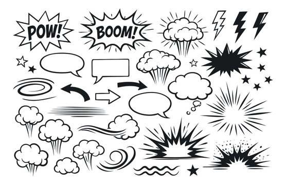 Hand drawn comic book graphic elements set featuring speech bubbles, explosions, and sound effects for design projects