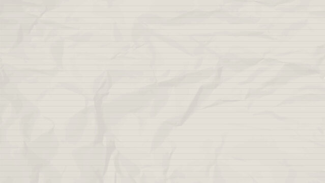 Crumpled lined paper sheet pattern, light beige notebook background with folds and texture, blank template for notes, writing, stationery, scrapbooking, school  office design. Vector illustration.