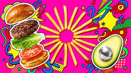 Surreal Disco Party Burger Concept with Avocado Disco Ball and French Fry Sun on Neon Pink