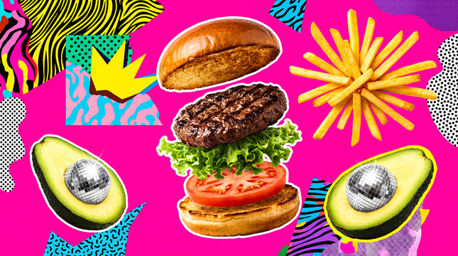 Creative Pop Art Fast Food Collage with Deconstructed Cheeseburger and Memphis Design Elements - Powered by Adobe