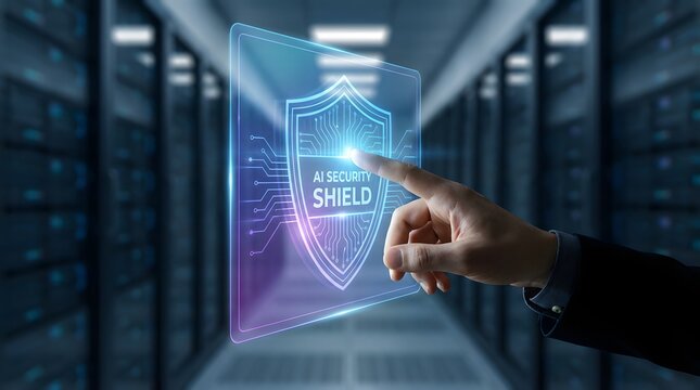 Conceptual image of a human hand engaging with an AI-powered security shield, symbolizing advanced data protection and cyber defense within a high-tech server environment - Powered by Adobe