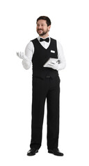 Fototapeta premium Smiling waiter in gloves taking order with notepad on white background