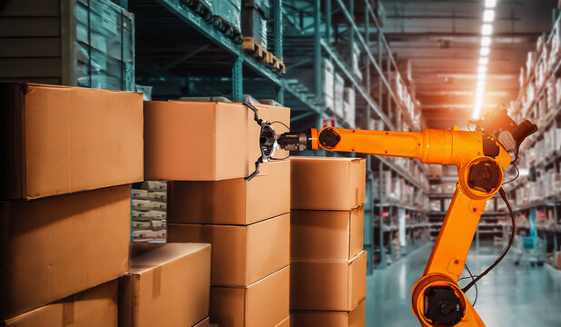Smart robot arm system for innovative warehouse and factory digital technology . Automation manufacturing robot controlled by industry engineering using IOT software connected to internet network . - Powered by Adobe