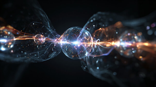 abstract visualization of atomic or subatomic particles in motion with glowing effects