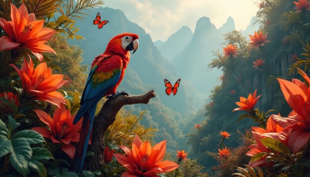 Red parrot perches on branch amid vivid jungle flowers and butterflies. Rich green mountains rise in misty background. Nature scene with exotic flora and fauna.