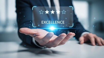 Business professional holding a glowing hologram of excellence and stars.