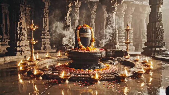 Sacred Temple Interior with Rituals and Devotional Atmosphere