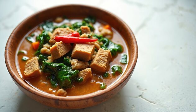 Savory egusi soup with meat and greens served in a wooden bowl. Red chili pepper garnishes this hearty African dish. Its rich texture and warm spice invite delicious dining.