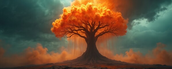 Large tree with vibrant orange smoke forming canopy against dark stormy clouds. Roots grip barren land under apocalyptic sky, with smoke plumes rising, falling like rain. Scene evokes power, nature