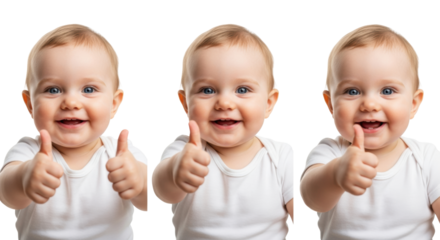 A joyful caucasian infant with bright blue eyes and chubby cheeks, wearing a white bodysuit, shows a thumbs-up in a high-key three-panel triptych studio portrait. Concept of approval and youthful