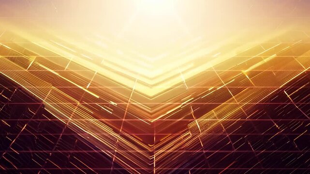 The scene shows angular golden lines converging, creating a striking visual effect. Bright light illuminates the shapes and enhances the geometric patterns present in the design.