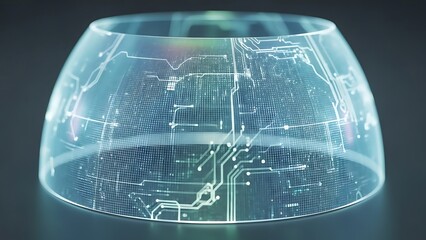 Futuristic Transparent Dome with Circuit Board Pattern.