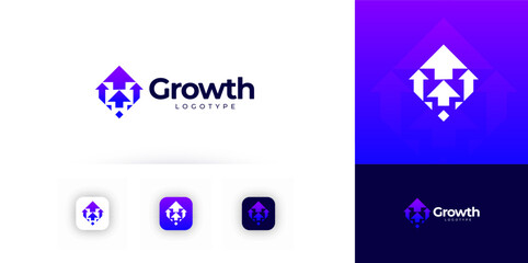 Fototapeta na wymiar Growth Logo Financial Grow Rise Arrow Abstract Shape. Finance Technology Corporate Logotype. Fintech Digital Transformation Brand, Marketing Business Startup Modern Symbol Design. Vector Illustration