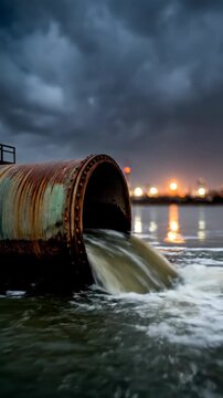 A rusty pipe discharges murky water into a dark, choppy sea. Distant city lights reflect on the water's surface.