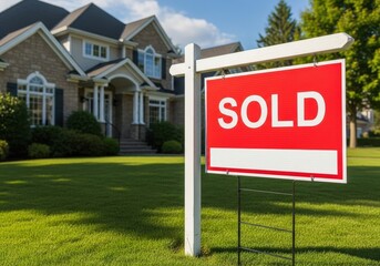 Red sold sign on white post in front of large family home. Real estate market success and property sale concept. New homeowner dream