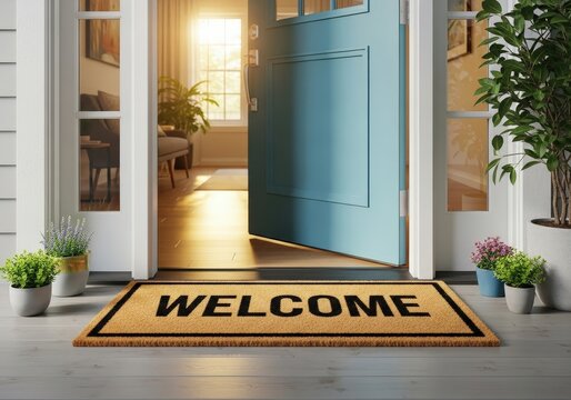 Open blue door with welcome mat on porch, inviting home entry. Real estate concept for new house, welcoming property, residential entrance
