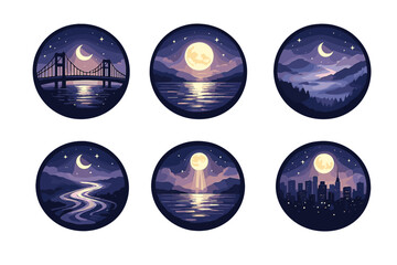 Nocturnal Bridge Icons. Solid style round vector icons of nocturnal connection: bridge, moonlight, mist, flow line, beam, skyline