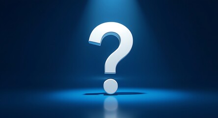 A Large White Question Mark Illuminated by a Spotlight on a Dark Blue Background.