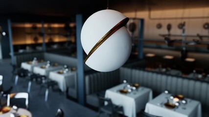 The restaurant interior is unoccupied, featuring elegantly set tables with white linens, soft lighting, and modern decor, creating a serene atmosphere for an upscale dining experience.