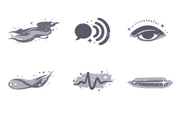 Subdued Communication Symbols. Solid style icons of Subdued Communication: dust veil, voice node, hidden arc, glowing thread, soft