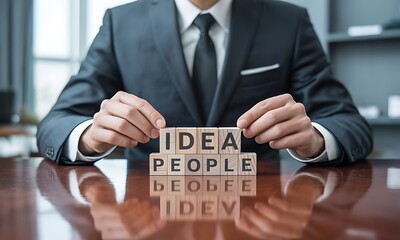 Businessman Holding Wooden Blocks with Words Idea People Development.