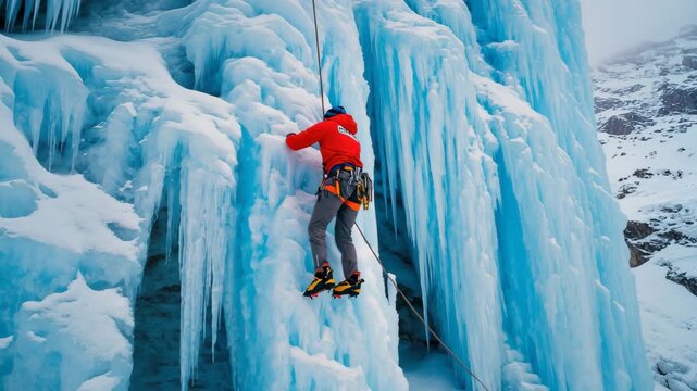 Ice Climber Scaling Frozen Waterfall in Extreme Conditions