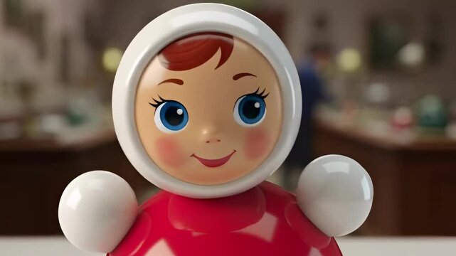 Vintage toy doll with round head and blue eyes on blurred background  