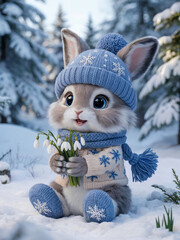 A cute rabbit wearing a knitted hat and scarf holds a bouquet of snowdrops.