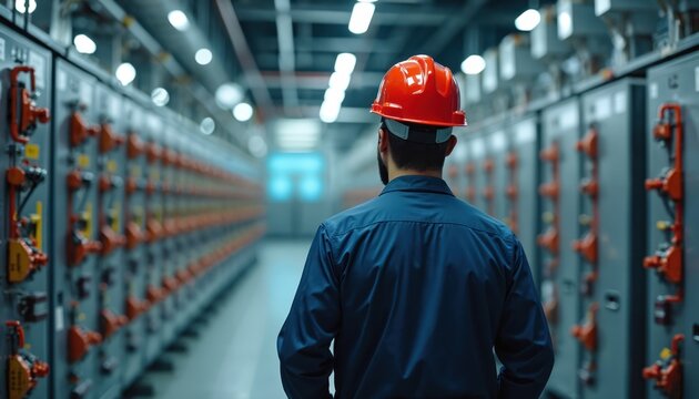 Man in orange hard hat walks through electrical substation room. Rows of control panels and power equipment fill industrial interior. Technician checks energy infrastructure for maintenance.