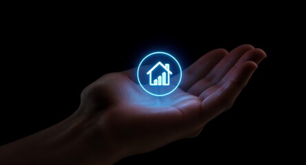 Hand holding glowing house icon with graph.
