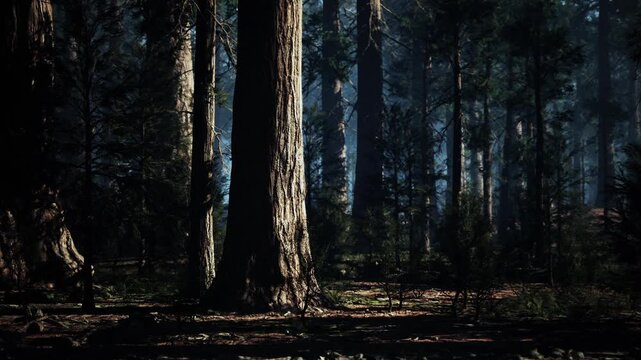 Tall sequoia trees rise high amidst a tranquil forest setting, illuminated by soft morning light. The ground is covered with lush vegetation, creating a peaceful atmosphere.