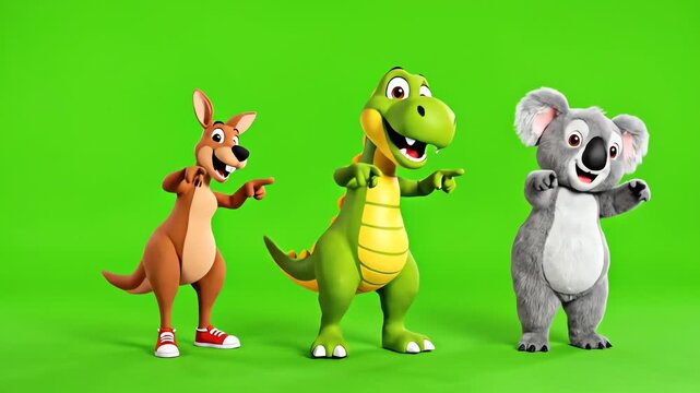A cheerful trio of animated characters, consisting of a brown kangaroo, a green dinosaur, and a fluffy grey koala, enthusiastically point towards the viewer while standing on a vibrant chroma key.