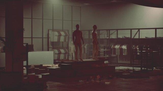 The retail store stands in disarray following a robbery, with shelves overturned, mannequins abandoned, and items strewn across the floor, indicating chaos and loss after the marauding thieves.