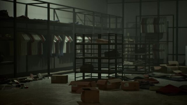 A retail store is left in ruins after a theft, with clothes strewn across the floor and shattered displays, showcasing the aftermath of a brazen robbery under dim lighting.