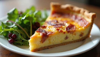 Slice of French quiche Lorraine with golden crust, bacon, onions and side salad on white plate. Savory egg tart with fresh greens and berries.