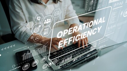 Modern Professional Working on Laptop with Operational Efficiency Concept and Digital Graphics Overlaying Keyboard. Asymptotic smart data analytic.