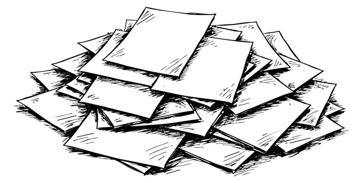 Hand drawn line art illustration of a pile of papers depicting a stack of disorganized sheets for office and business concepts